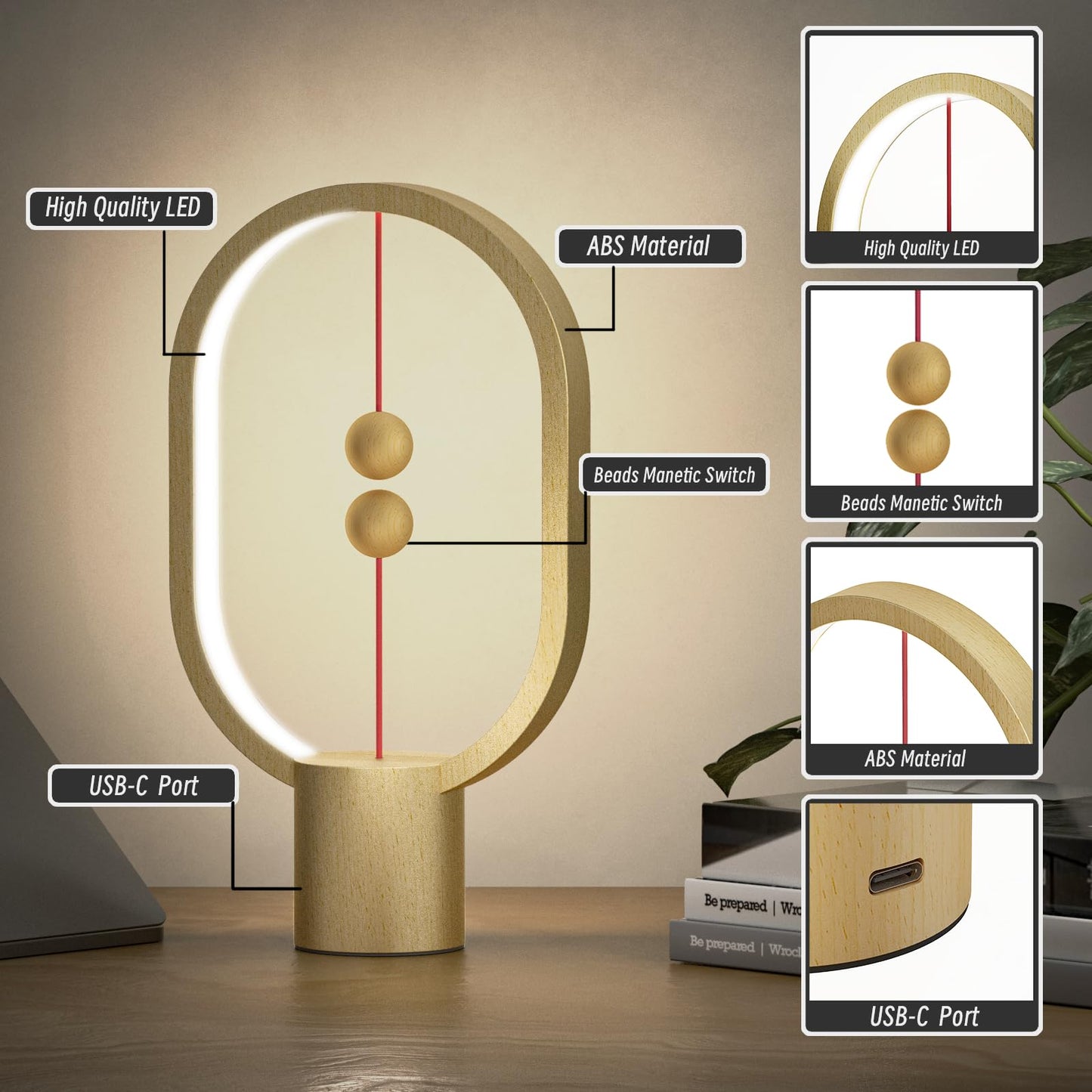 Xhope4u Bedroom Lamps - Mini Balance Lamps, Birthday Gifts, Bedside and Nightstand Lights, Plug-in Night Lights with Magnetic Base for Home, Office, and College Dorm (Wood Color)