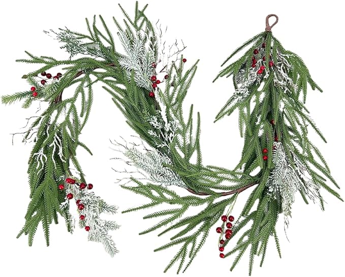 6FT Christmas Garland with Berries - Snow Dusted Pine Garland for Staircase Mantel Doorway, Christmas Decorations Holiday Indoor Outdoor Winter Garland