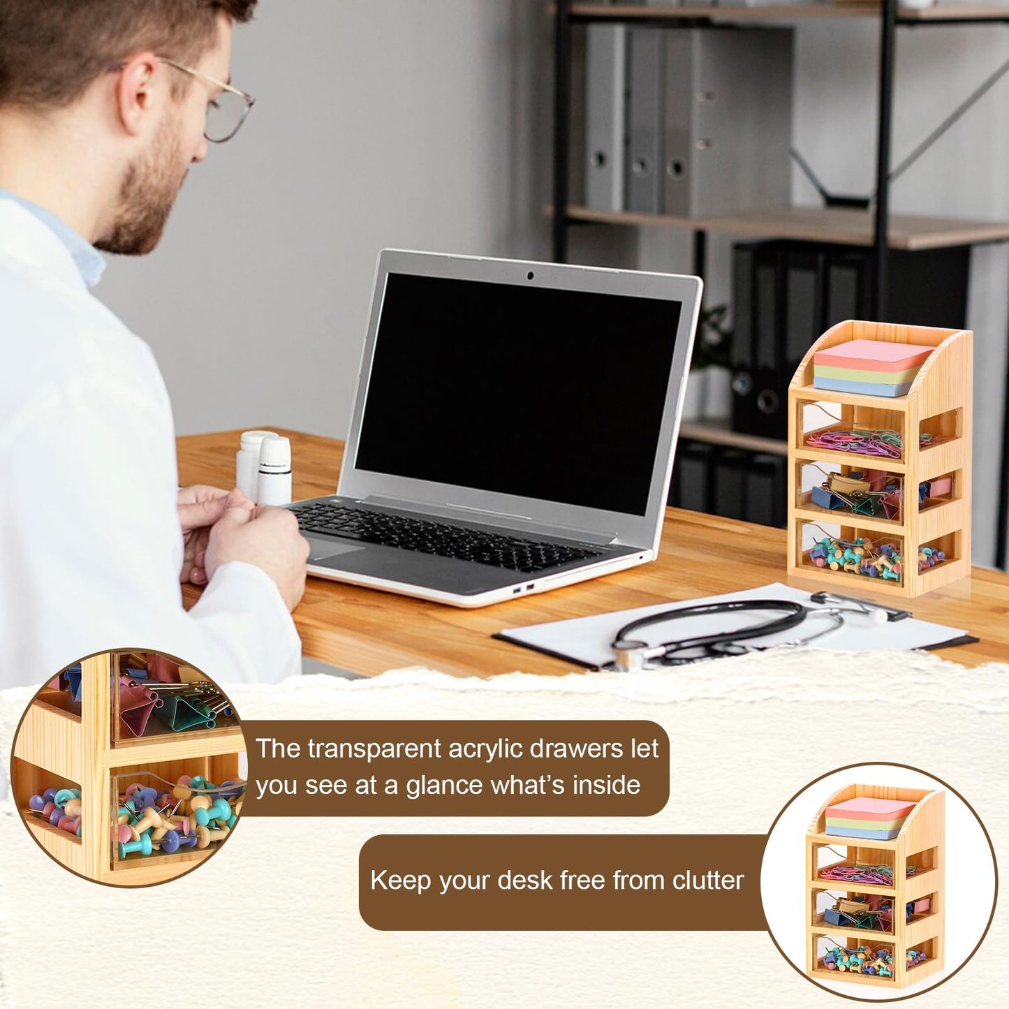 3 Drawer Desktop Accessory Storage Drawers Clear Desktop Organizer with Drawers Small Desk Organizer with Drawer Paper Clip and Binder Holder Wood Acrylic Sticky Note Holder 4.53"L x 4.1"W x 7.7"H