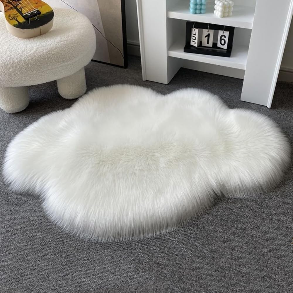 Faux Sheepskin Small Area Rugs Seat Pad 24x35In Cloud Carpets Wool Foot Mat (White)
