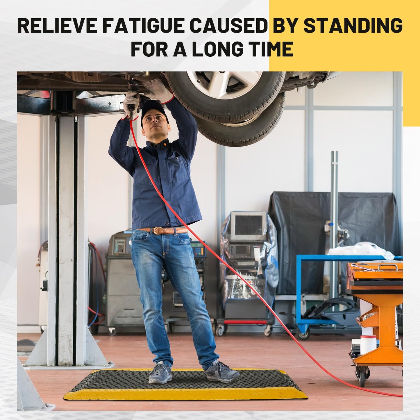 Timgle Anti Fatigue Mats Industrial 2' x 3' Heavy Duty Commercial Grade Diamond Plate Vinyl Non Slip Safety Ergonomic Standing Floor Mat Black with Yellow Border 7/8 Inch Thick Sponge for Work Stand