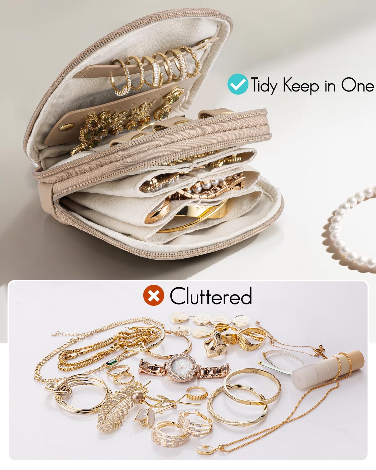 VLANDO Travel Jewelry Case,2-Layer Jewelry Organizer,Gifts for Women Bride,Travel Essentials,Multi-Compartment Jewelry Storage for Rings Earrings Necklaces Bracelets - Toffee