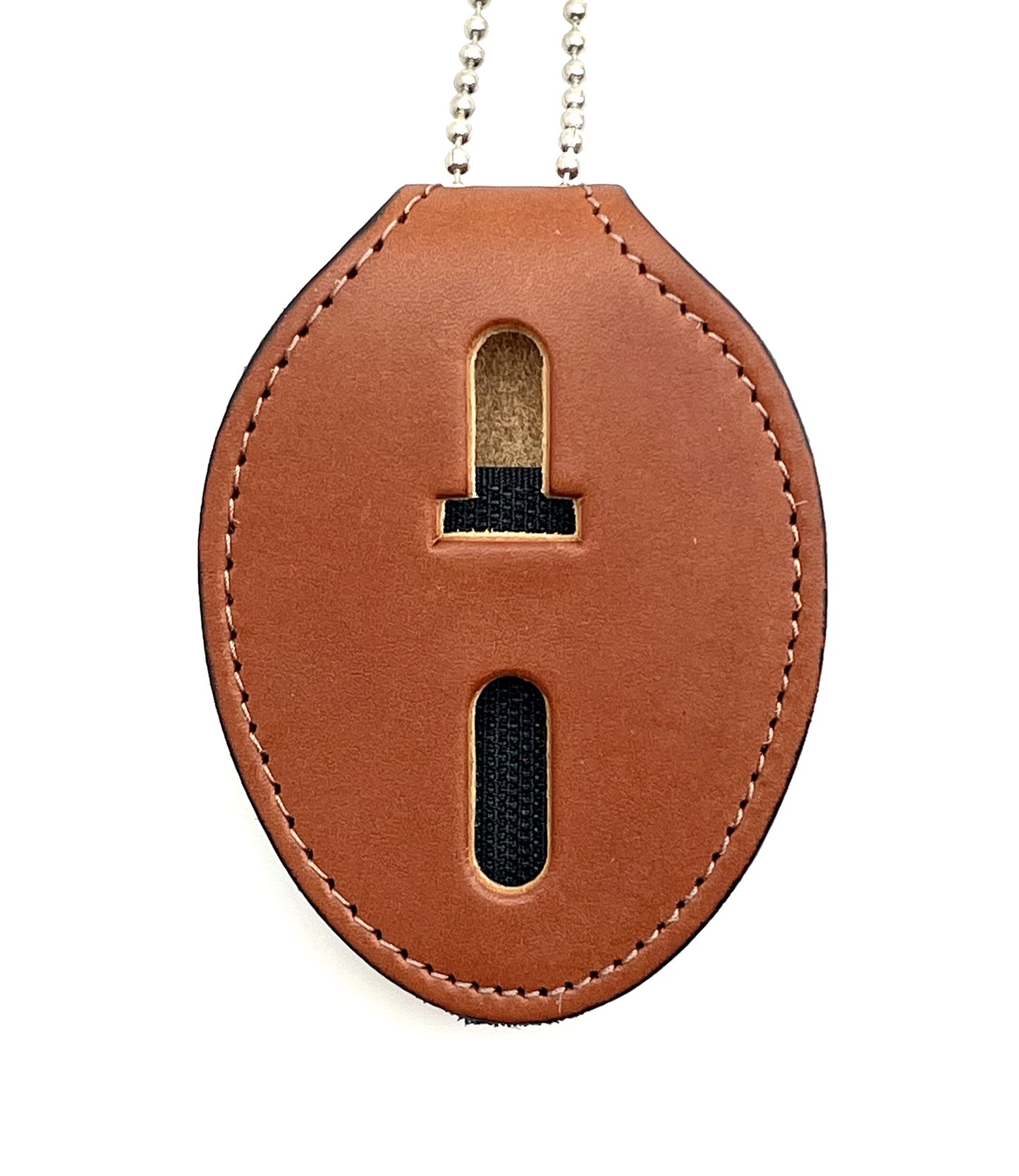 Perfect Fit Universal Oval Police Badge Holder Shield with Metal Belt Clip and Bead Chain Necklace, Hook and Loop Closure, Tan Leather