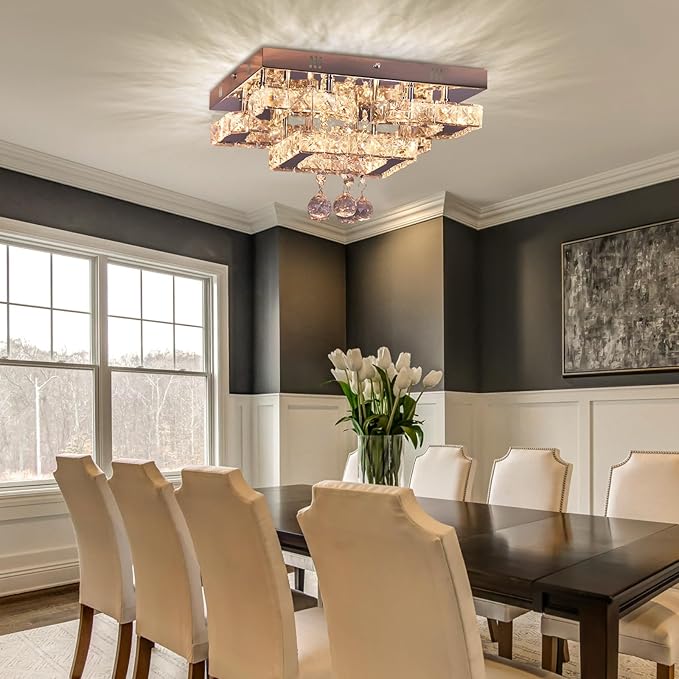 CXGLEAMING 11.8" Modern Crystal Chandelier LED Ceiling Light Fixture Suitable for Kitchen Corridor Hallway Bedroom Bathroom Dining Room 4 Petals/Raindrop Ball Square Wall Switch （Warm Light）