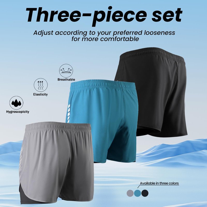 3-Piece Men's Running Shorts - Breathable Quick-Drying Sports Shorts with Night Reflective Strips (L) Black