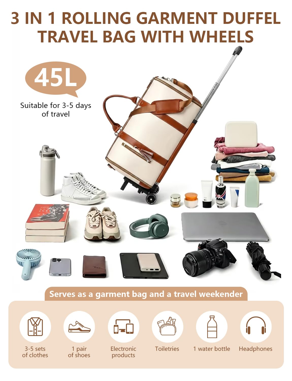 BSAKG 3 in 1 Convertible Garment Duffle Bags for Travel 45L Smooth Zipper Rolling Duffle Bag With Wheels Waterproof Carry On Duffle Bag for Men&Women with Weekends Weddings Business Short Trips Beige