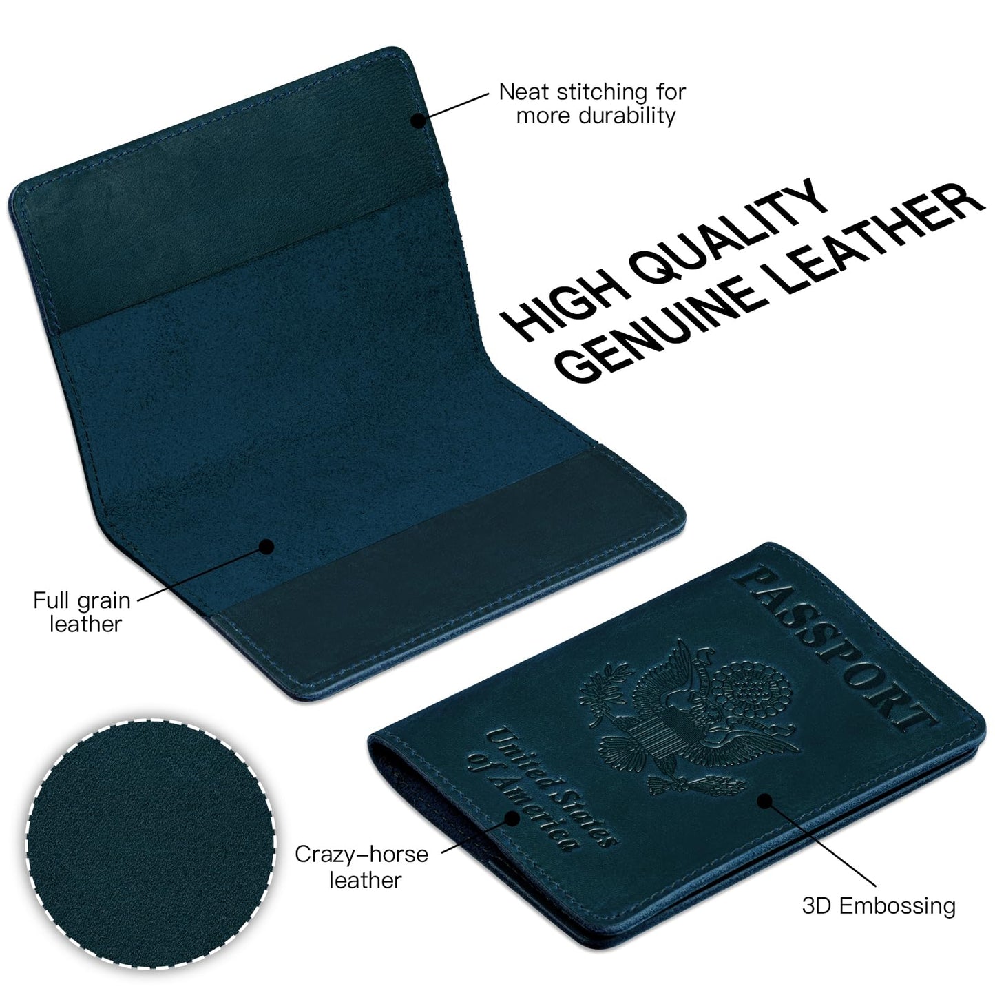BIAOTIE Premium Leather Passport Holder Covers, Rfid Travel Wallet Passport Document Holder, Travel Essentials Wallet Cover Case for Men and Women (Blue)