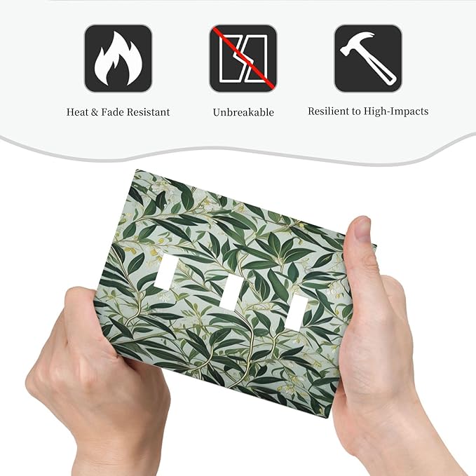 Sage Eucalyptus Leaves Foliage Light Switch Covers 3 Gang Triple Toggle Wall Plate Decorative Switchplate Electrical Faceplate for Farmhouse Living Decor