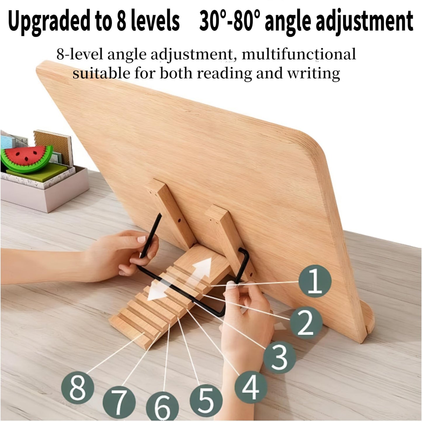 Reading Rack Wooden Bookshelf - Book Stand Foldable with 8 Adjustable Positions and Page Clips,Suitable for cookbooks、iPads、laptops、Sheet Music、and Reading Stands (11x7.9inch)