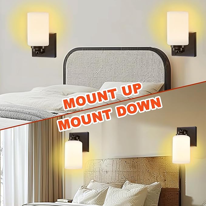 Wall Sconces with Switch Set of Two, Bedside Wall Lamps for Bedroom, Modern Bathroom Light Fixtures with Milk Glass Shade, Black Sconces Wall Lights for Hallway, Living Room, Kitchen