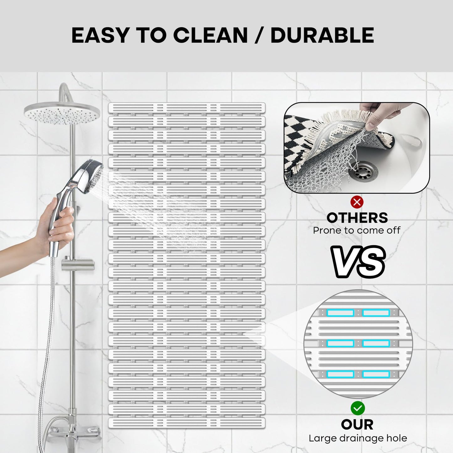 XIYUNTE Shower Mat Non Slip Bath Mat for Tub - 36 x 16 Inch Bathtub Mat Non Slip Shower Mat for Inside Shower, TPE Bath Mat with Powerful Suction Cup, Easy to Cut Bath Tub Mat, Grey