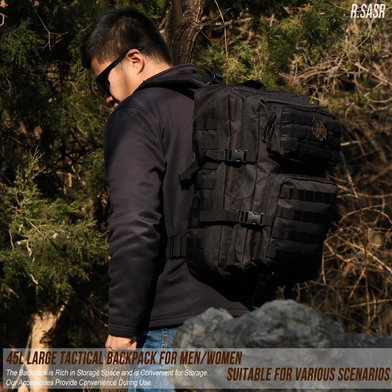 R.SASR 45L Black Tactical Backpack Military Assault Pack, MOLLE System Large 3 Day Bug Out Bag for Men Women Hiking Camping(Black-01)