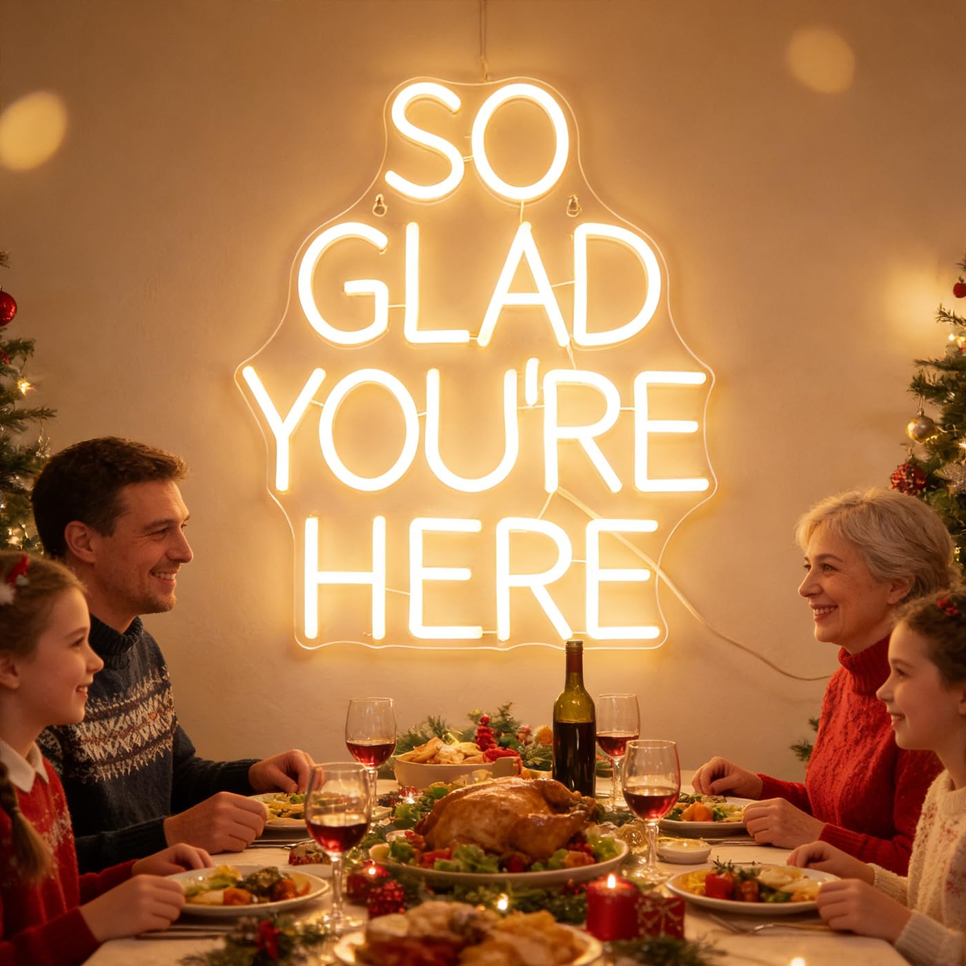 QiaoFei LED "So Glad You Are Here" Neon Sign Pink Word/Letters USB Powered Neon Lights for Bar Coffee Room Home Art Wall Decor  Birthday/Wedding Party Window Living Room Decor(Warm white)
