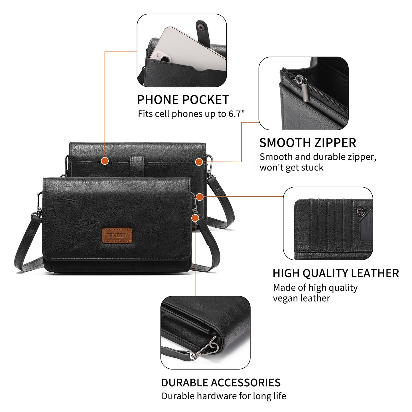 SENDEFN Small Crossbody Bags for Women Leather Cell Phone Purse Wallet shoulder handbag with ID window and Card Slots