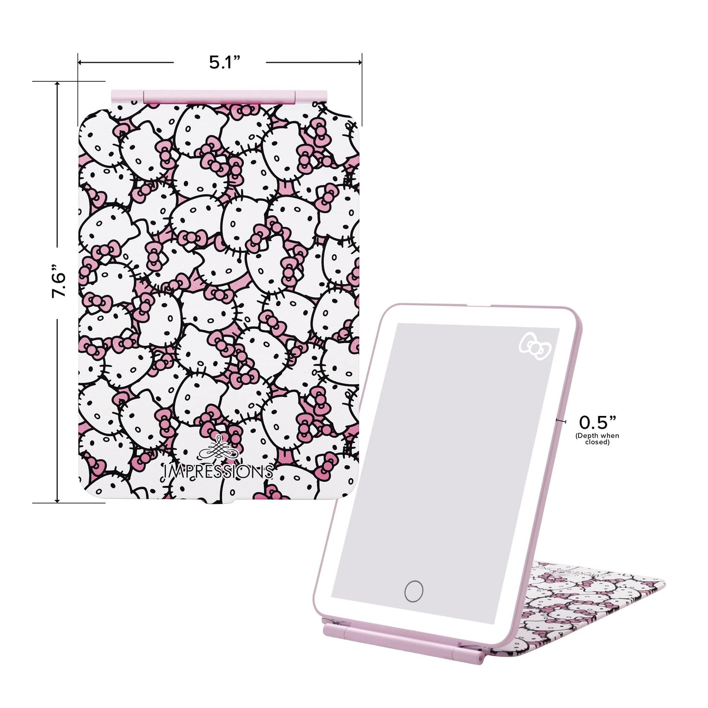 Impressions Vanity Hello Kitty Touch Pad Mini Tri-Tone Makeup Mirror with Printed Flip Cover and LED Strip, Travel Vanity Mirror with Touch Sensor Switch and USB Extension (White/Pink)