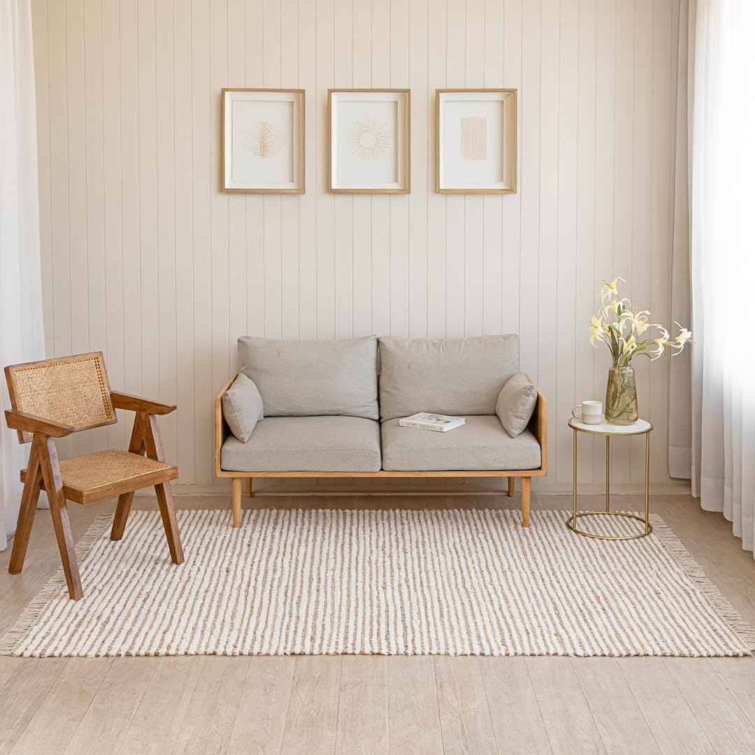HOMEMONDE Jute Cotton Area Rug 5x8 ft Large Rectangle Hand Woven Natural Farmhouse Rugs for Living Room, Bedroom, Kitchen, High Traffic Area - Rustic Vintage Bohemian (Natural Offwhite)