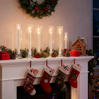 6 Set Hurricane Glass Candlestick Holders 12.6" Two Side Open Glass Candle Holders and 2.2" Taper Candlesticks Holder Bulk for Table Centerpiece Wedding Christmas Home Decor