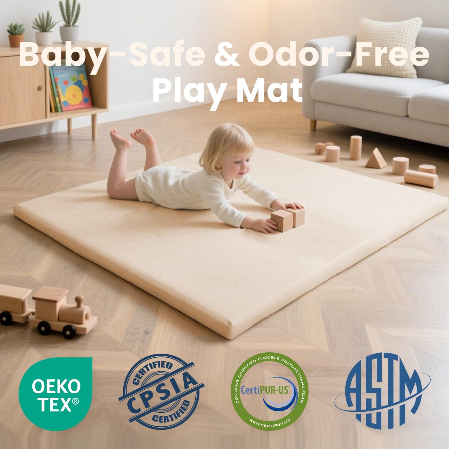 Huloo Sleep Baby Play Mat 50x50 Inches, 1.3" Thick Padded Waterproof Floor Cushion & Playpen Mat with Vegan Leather, Non-Slip & Non-Toxic Nursery Rug for Infants, Toddlers & Kids(Beige)