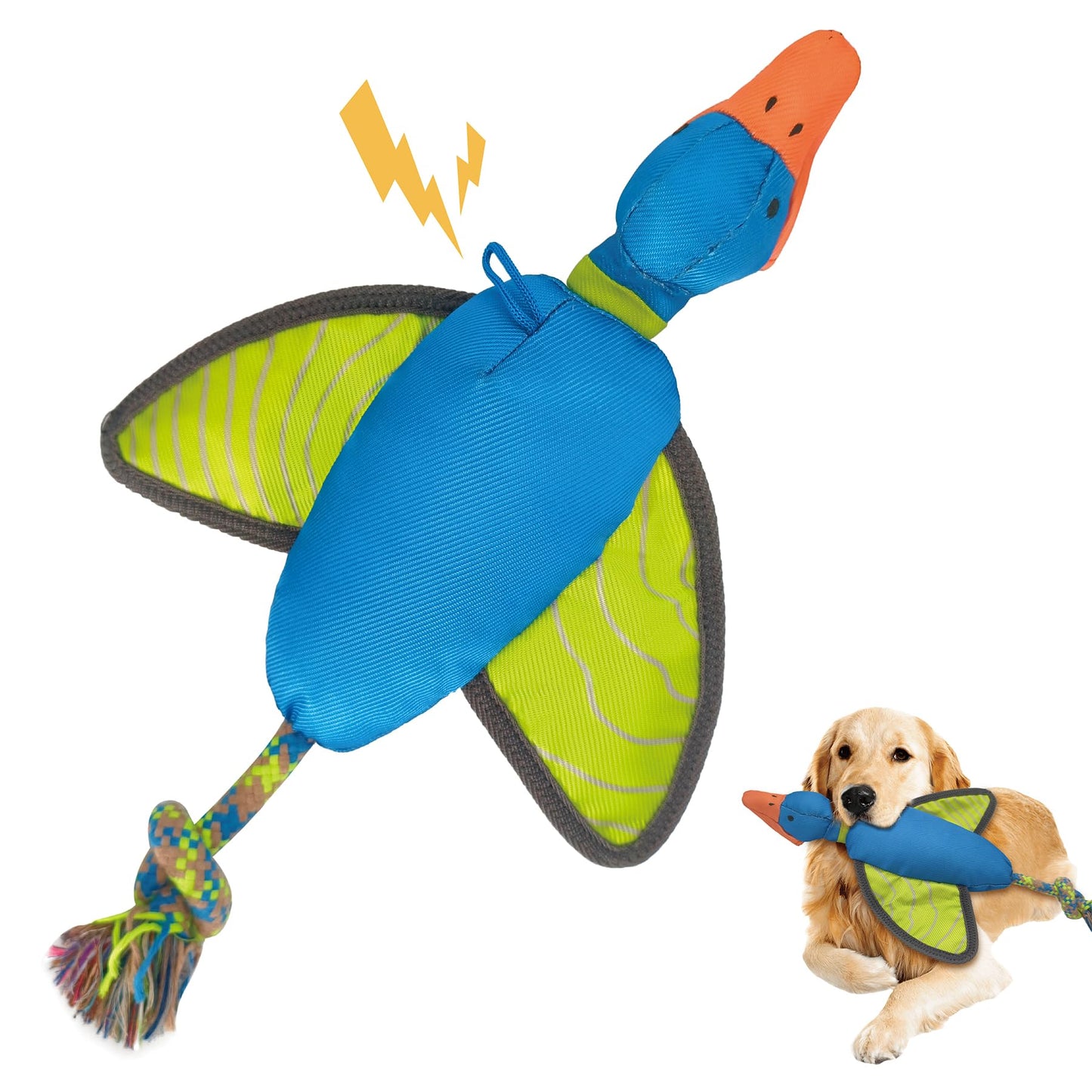 QPAWS 16.93 Inch Duck Slingshot Flying Dog Toy with Rope, Oxford Squeaky Crinkle Chew Toy for Fetch Training, Interactive Durable Toy for Medium Large Dogs