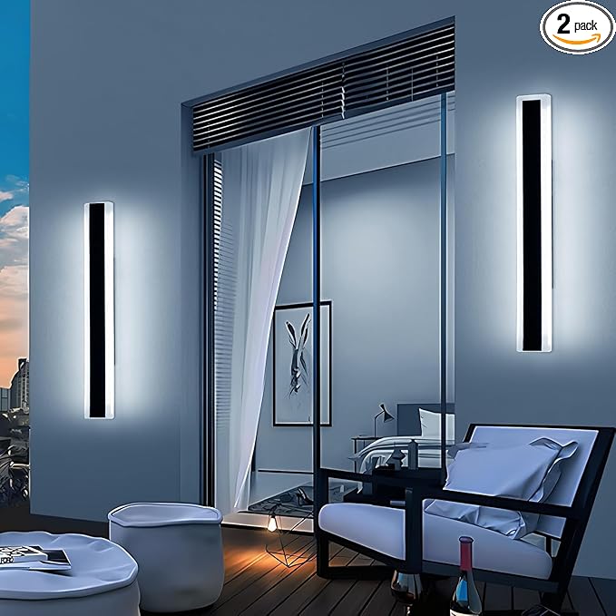 2 Pack 23.6inch Modern Outdoor Light Fixture, 3000K-6000K Dimmable Wall Sconce, IP65 Waterproof Linear Exterior LED Light with Remote Control, Black Aluminium for Porch, Patio, Garage