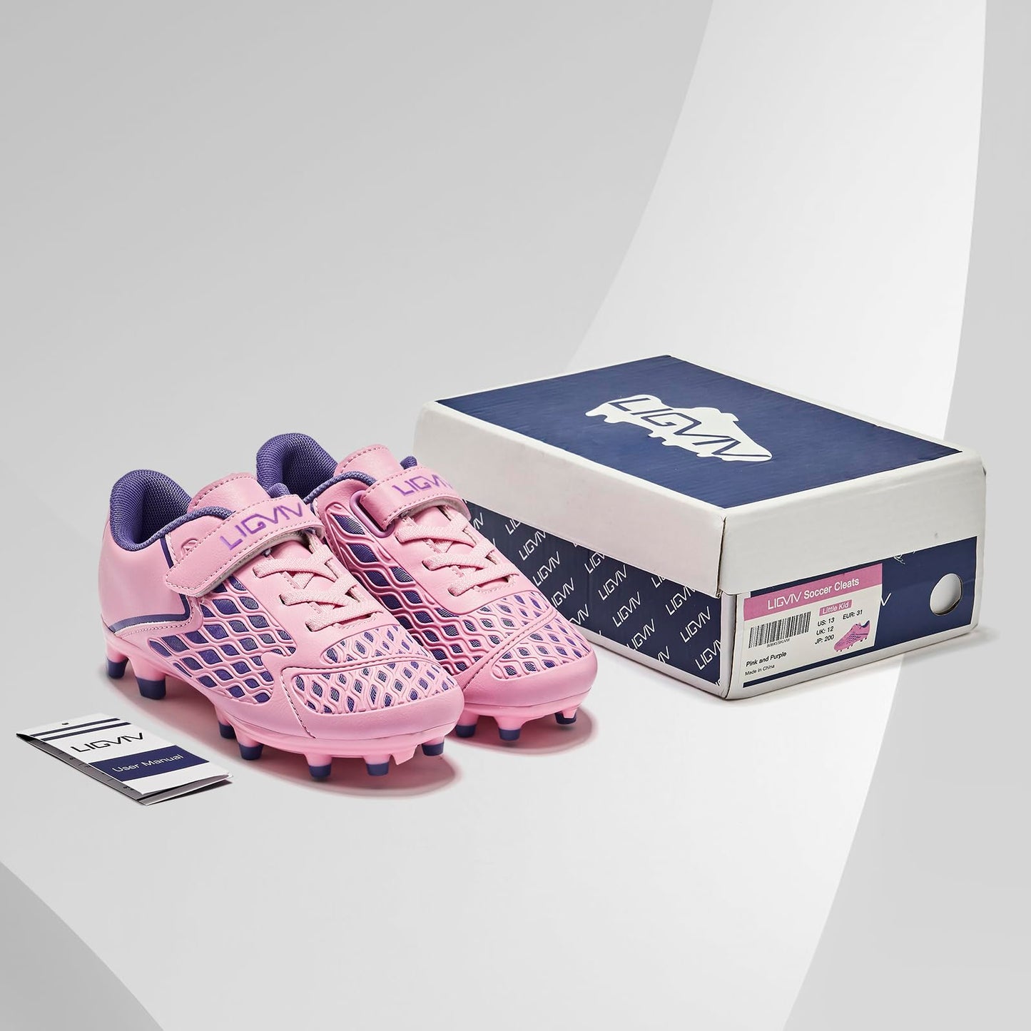 LIGVIV Girls Soccer Cleats - Laceless Kids Football Shoes - Pink and Purple - Outdoor Firm Ground - 12 Little Kid