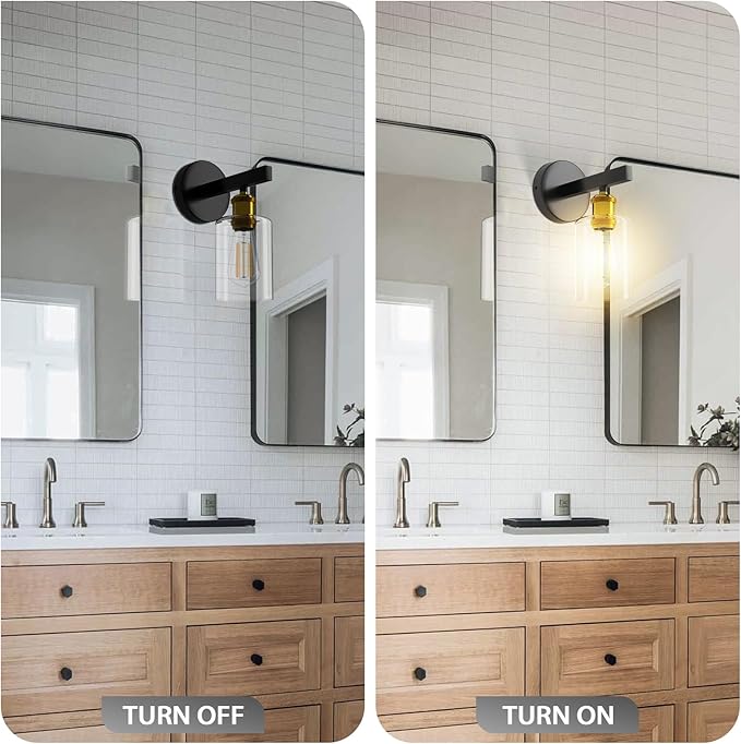 Set of Two Wall Sconces for Bedroom, Modern Wall Mount Light Fixtures with Clear Glass Shade Lighting Lanterns, Farmhouse Wall Lights for Bathroom Living Room Mirror Hallway Kitchen (E26 Base)