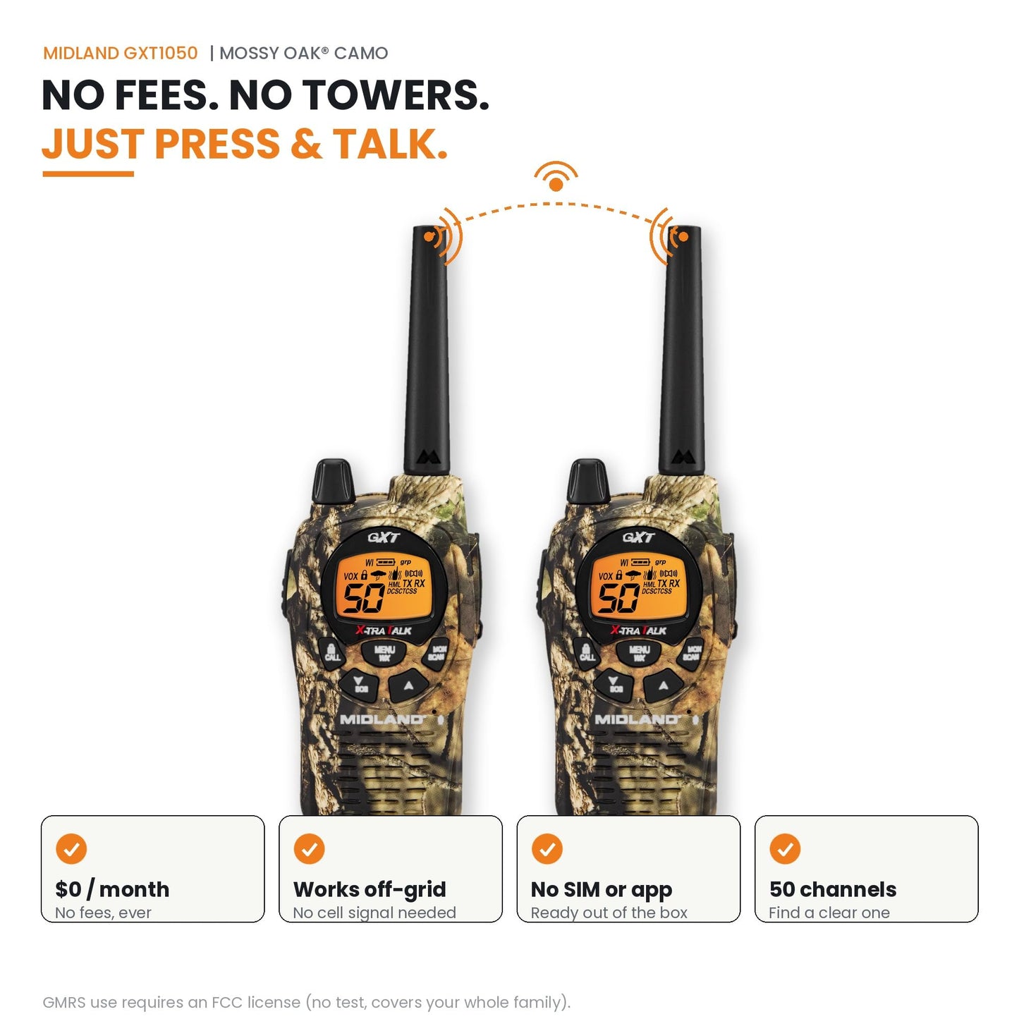 Midland GXT1050VP4 GMRS Two-Way Radio (50-Channel, Long Range, 142 Privacy Codes, SOS, NOAA, Rechargeable Nickle Battery, Mossy Oak Camo, 2-Pack)