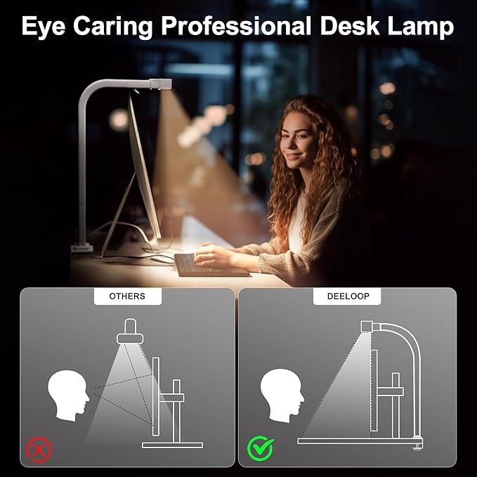 deeloop 48cm LED Desk Light,CRI 95+ Bright Desk Lamp for Home Office, 4 Colors & Infinite Dimming Reading Lamps with Timer & Memory Function, Standing Lamp with Clamp for Table Working Monitor
