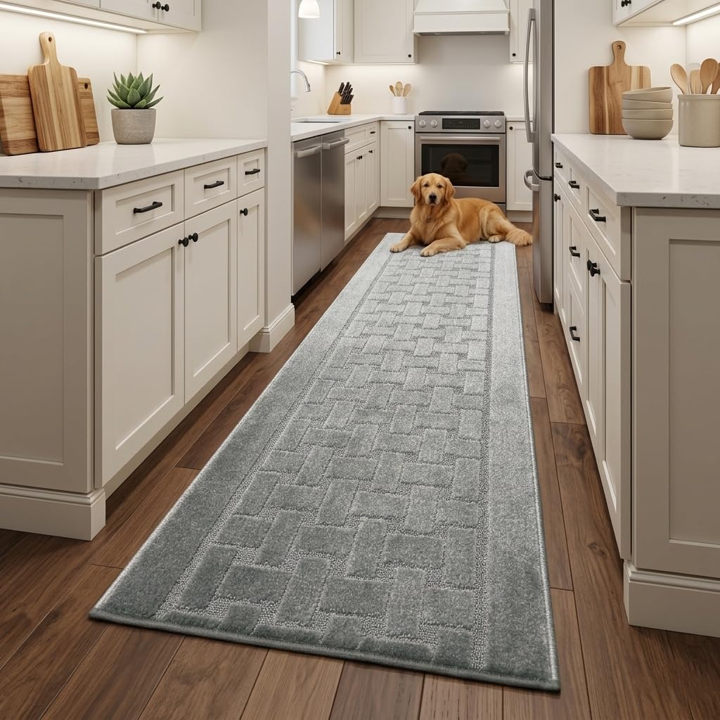 Runner Rug 12 ft, Non-Slip Washable Rug, Grey Textured Carpet for Kitchen Hallway Entryway, Rubber Backing, Indoor, Rolled in Box (26" x 12'), Custom Size Floor Runner