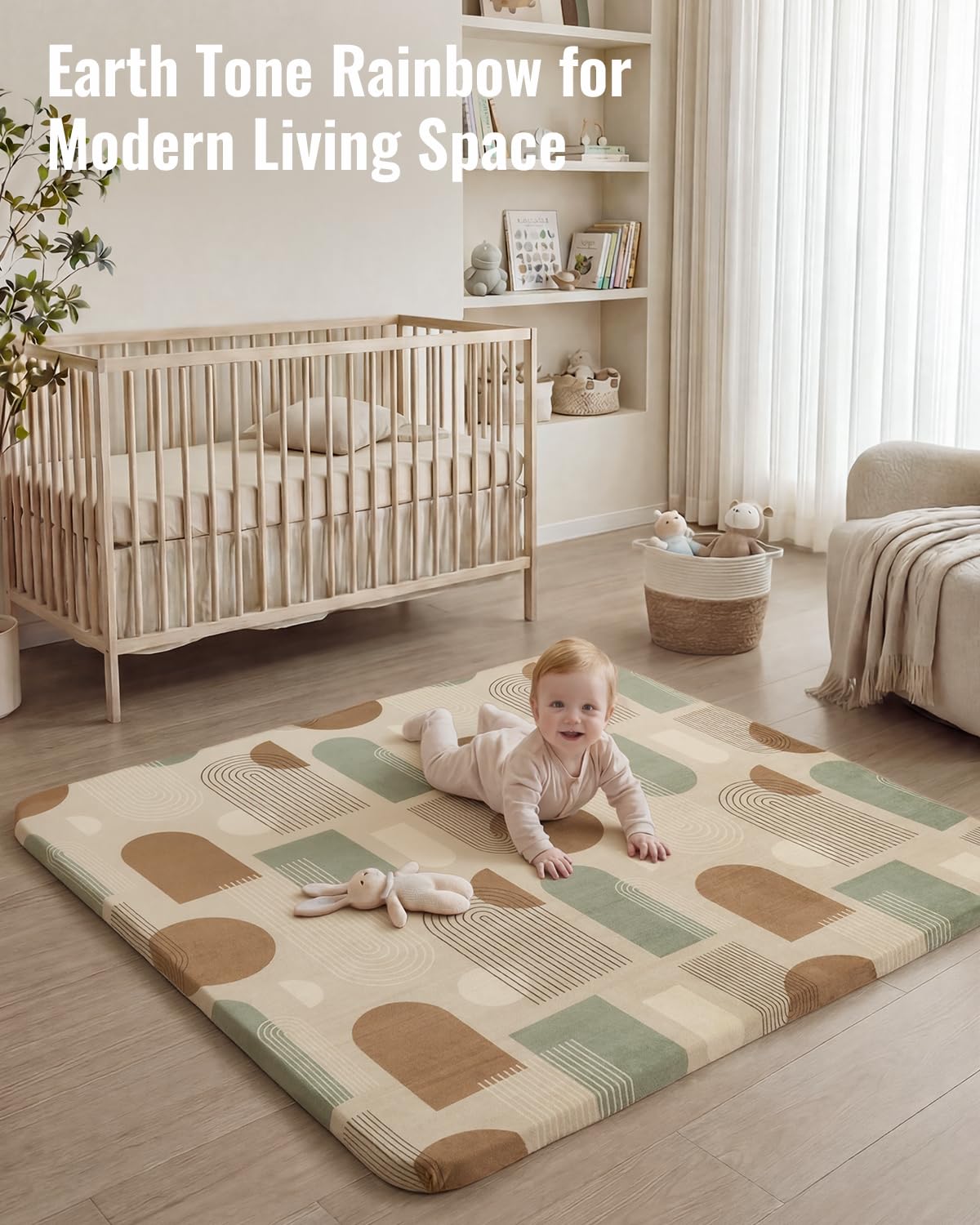Blissful Diary 1.3" Thick Baby Play Mat, 50x50 Playpen Mat with Removable & Washable Cover, Ultra Soft Crawling Rug for Floor, Foam Cushion & Non-Slip Backing for Kids, Toddlers, Earth Tone Rainbow