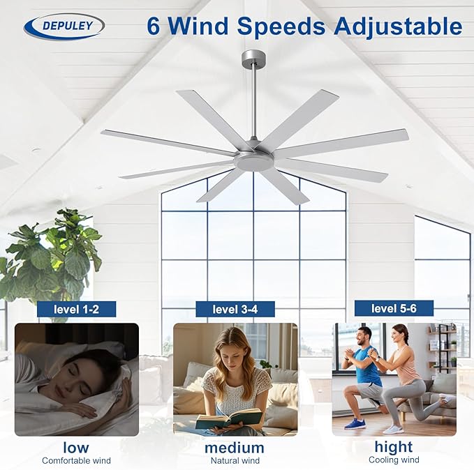 Depuley Large Ceiling Fan without Light: 72 Inch Indoor/Outdoor Fan Reversible DC Motor 6 Speed - Dual 8 Blades Big Ceiling Fans with No Light for Living Room Covered Patio, Silver
