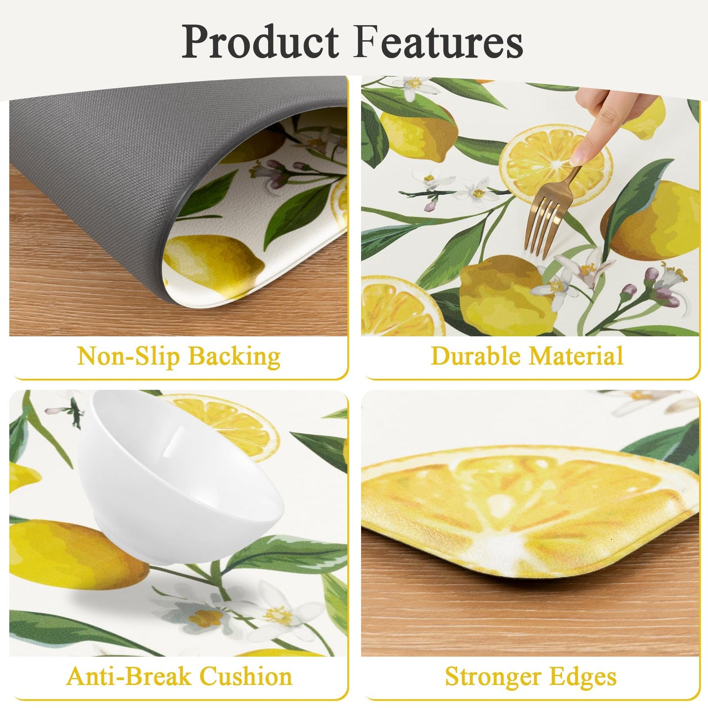 SHACOS Anti Fatigue Lemon Kitchen Rugs Mats Set of 2 Pieces Non Slip Soft Cushioned Wipeable Kitchen Mats for Floor Standing Mats, 17"x27.5"+17"x47", White