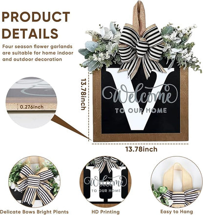 Ultra Large 14'' Last Name All Year Round Front Door Wreath with 26 Initial Letter Welcome Sign All Seasons Eucalyptus Garland and Bow Wreaths for Front Door Porch Farmhouse Decoration (V)