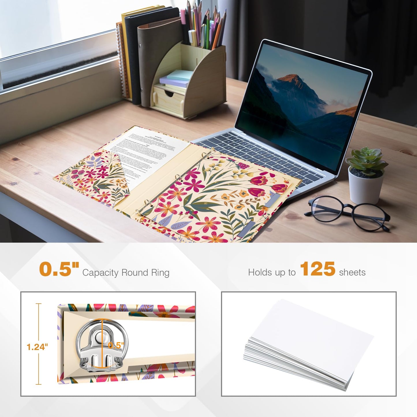 Ospelelf 3 Ring Binder, 1/2 Inch, Cute Floral Binder for Letter Size (11" x 8.5") with 5 Tab Dividers, File Folder Labels and Low Profile Clipboards