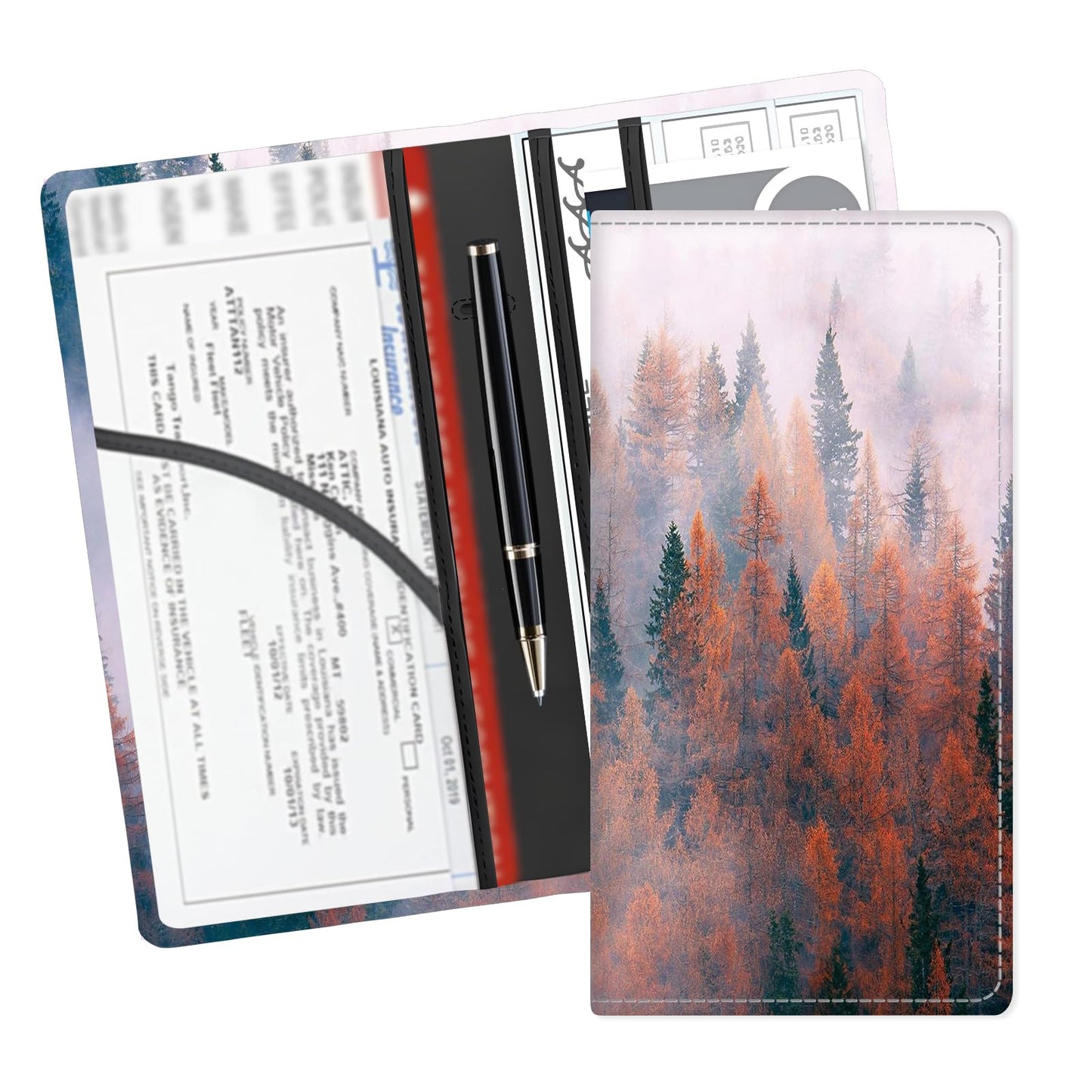 ADUQLZUX Leather Car Registration and Insurance Card Holder, Cute Car Accessories Vehicle Glove Box Car Organizer for Documents, Cards, License Fog Pine Forest