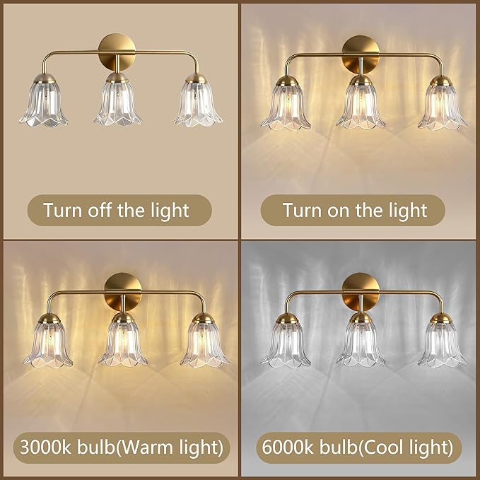 3-Lights Bathroom Vanity Light, Gold Vintage Bathroom Light Fixtures, Matte Antique Brass Finish with Crystal Glass Shade, Wall Sconces Lighting for Living Room, Bedroom, Hallway（E12 Base）