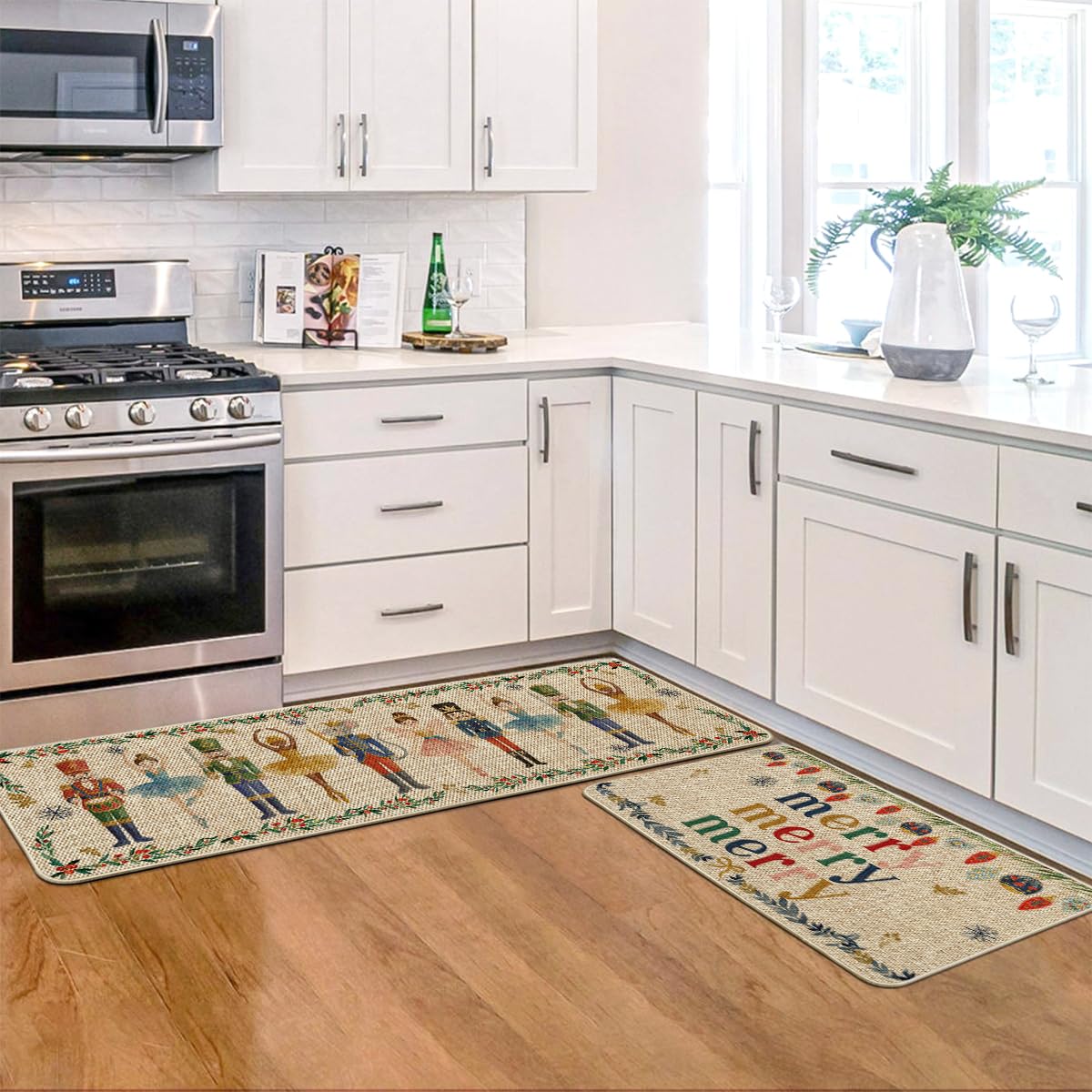 Artoid Mode Watercolor Nutcrackers Merry Christmas Decorative Kitchen Mats Set of 2, Home Party Low-Profile Kitchen Rugs - 17x29 and 17x47 Inch