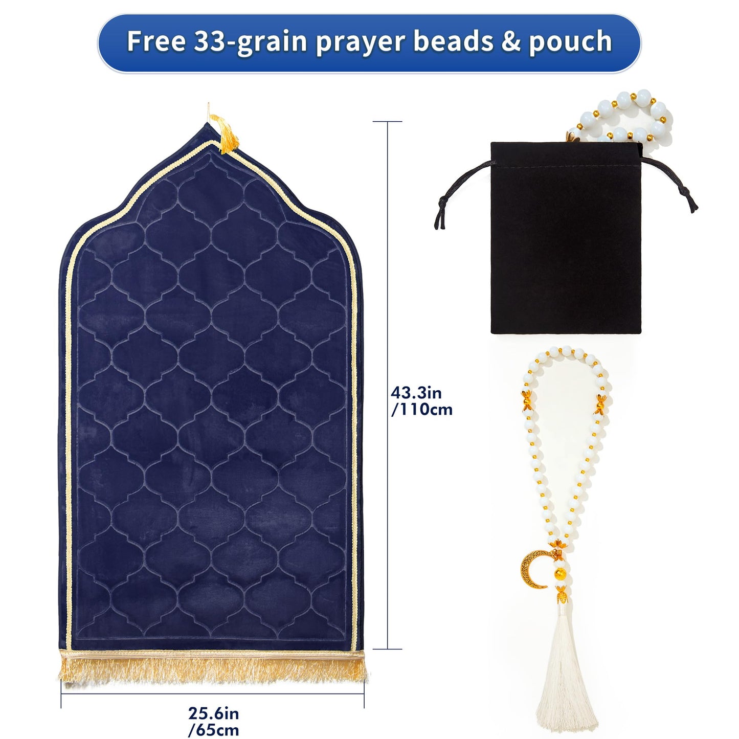 YAZEIN Muslim Prayer Rug with Tasbih Prayer Beads, Soft Memory Foam Prayer Matt Islam, Padded Islamic Prayer Mat Thick for Men and Women, Janamaz, Sajadah (25.6" x 43.3", Navy Blue)