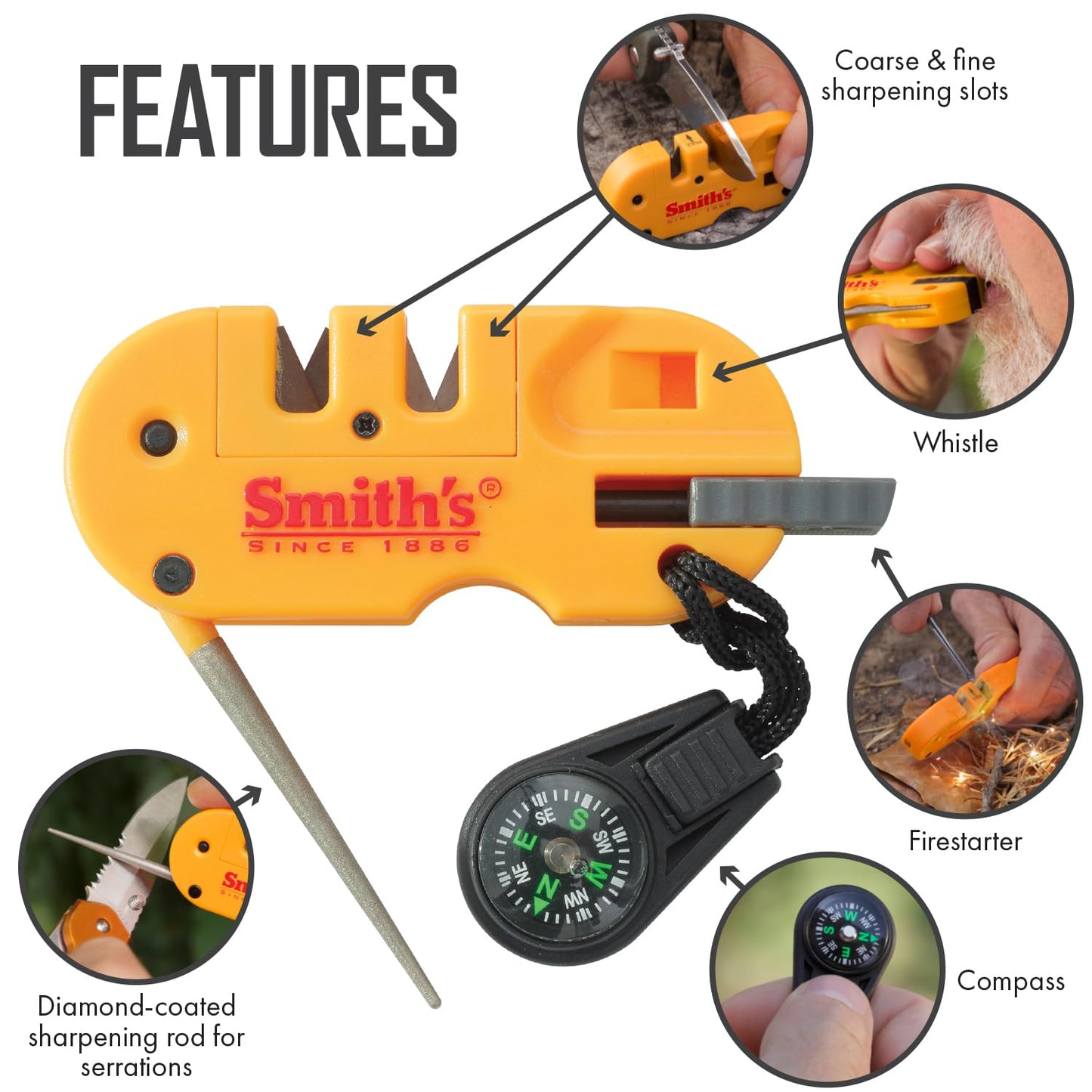 Smith’s 50364 Pocket Pal X2 Sharpener & Outdoors Tool – Yellow – Coarse and Fine – LED Light – Fire Starter – Signal Whistle - Compass
