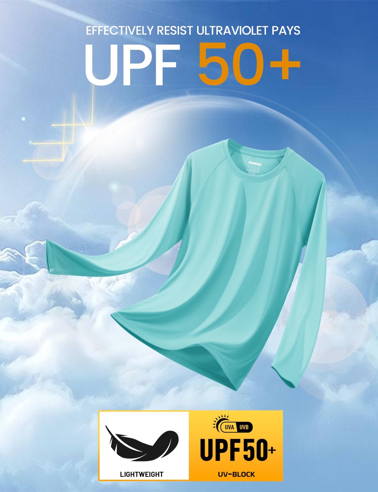 Workout Shirts for Men Long Sleeve UPF 50 Protection Shirts Quick Dry Shirts Sun Protection Shirts Athletic Shirts Aqua Blue