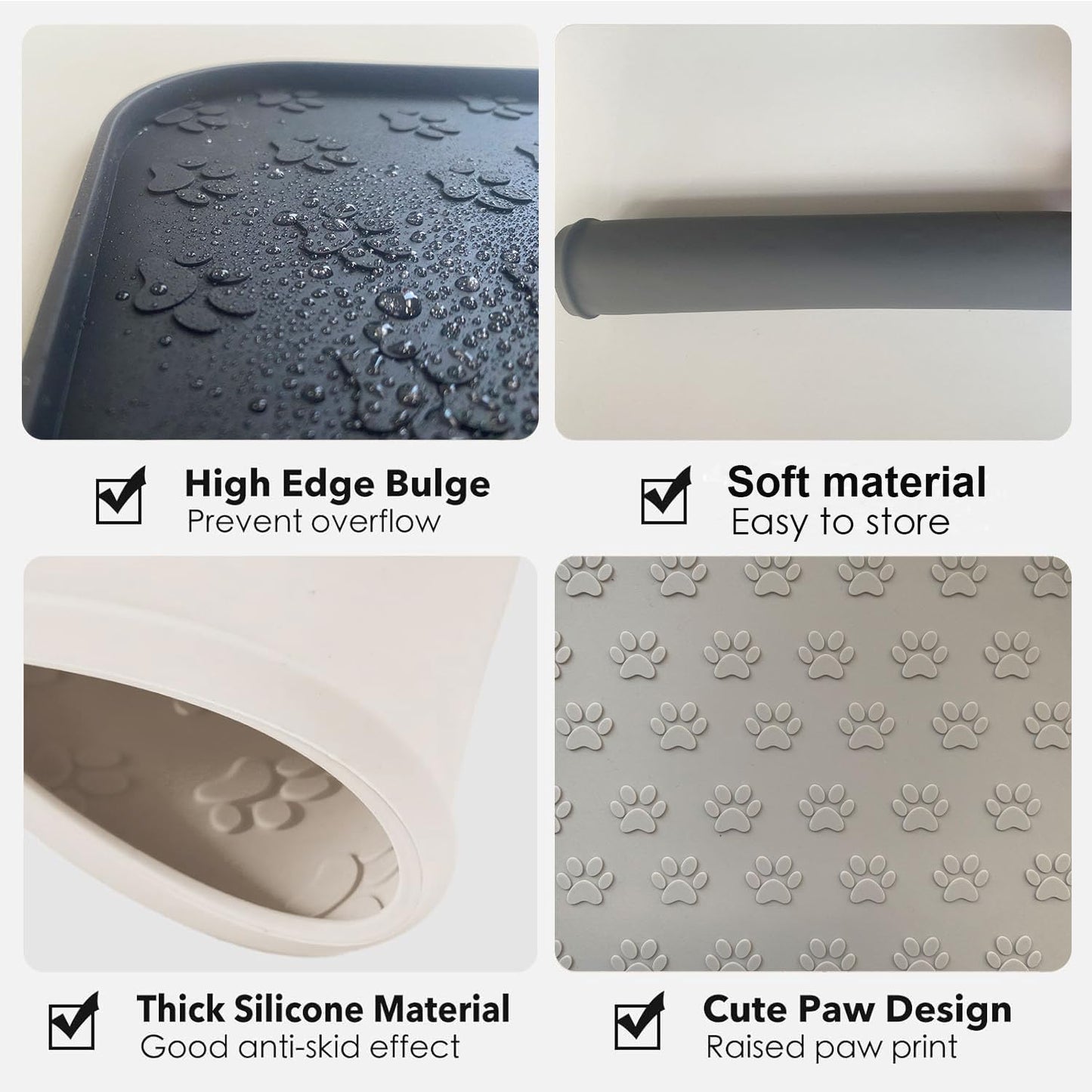 WLDJMP Pet Food Mat with Raised Sides, Silicone, Gray, 17.3x10.6 Inches, Dog Paw Pattern, Floor Protection for Cats (Khaki, 44x27cm)