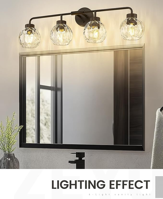 zeyu 4-Light Bathroom Vanity Light, 32 Inch Vintage Vanity Lighting Fixtures, Bathroom Lighting Fixtures with Water Ripple Globe Glass, ZS62BG-4W ORB-WG
