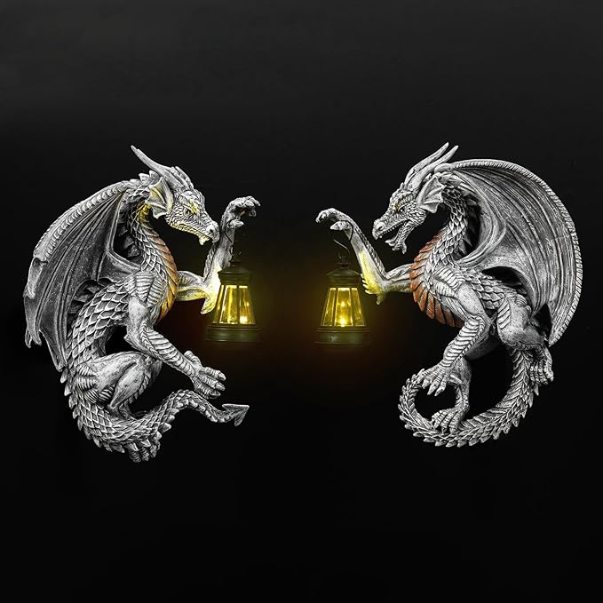 Dragon Outdoor Porch Decor Hugger with Solar Lantern Gothic, Dragon Statue Garden Lights, Gifts for Mom, Housewarming Gifts for Women, Ideal Dragon Garden Decor-Pair
