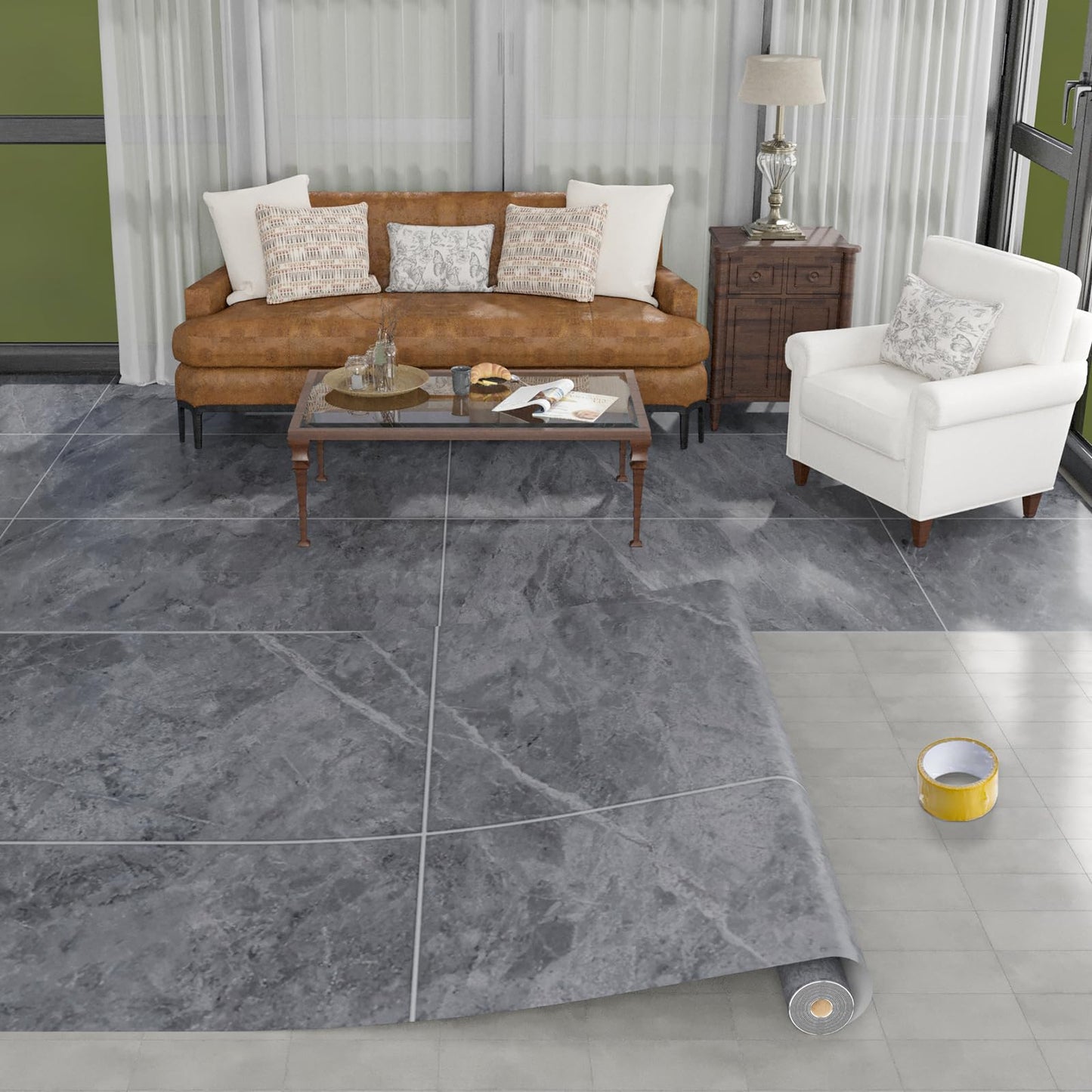 Freshtour Vinyl Flooring Roll, Versatile Removable PET Leather-Like Floor Covering, Waterproof & Durable, Easy Tape Installation, Cost-Effective for Any Room, Grey Marble/ 32.29 Sq.ft (39.3" x 118")
