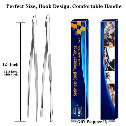 JETKONG 2 Pcs 12-Inch Kitchen Tweezers Fine Tweezer Tongs, Extra-Long Stainless Steel Cooking Tweezers (Silver)