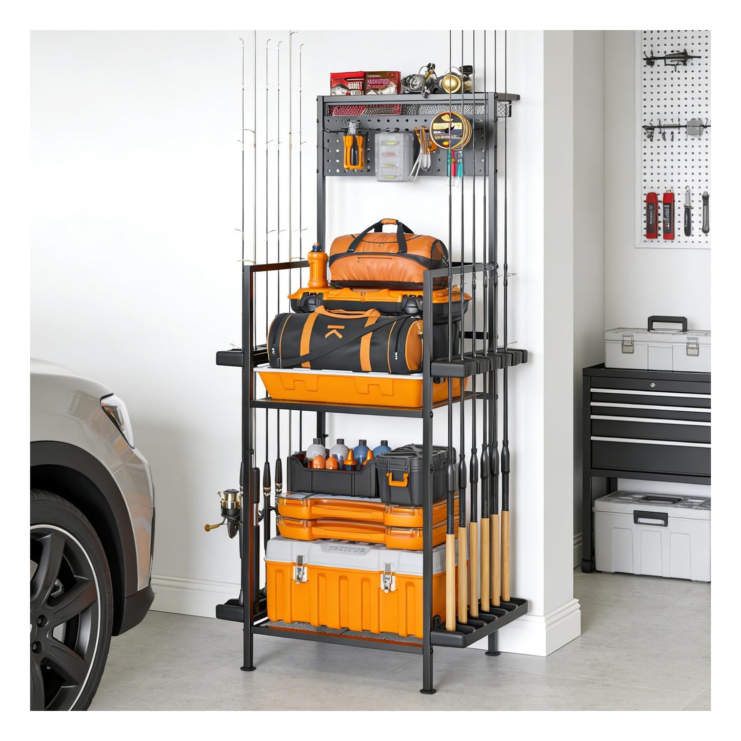 YQSLYSF Fishing Rod Holders for Garage with Pegboard & Metal Mesh Basket, Fishing Rod Storage Rack, Vertical Fishing Pole Holder for Up to 12 Poles, Tackle Gear Organizer