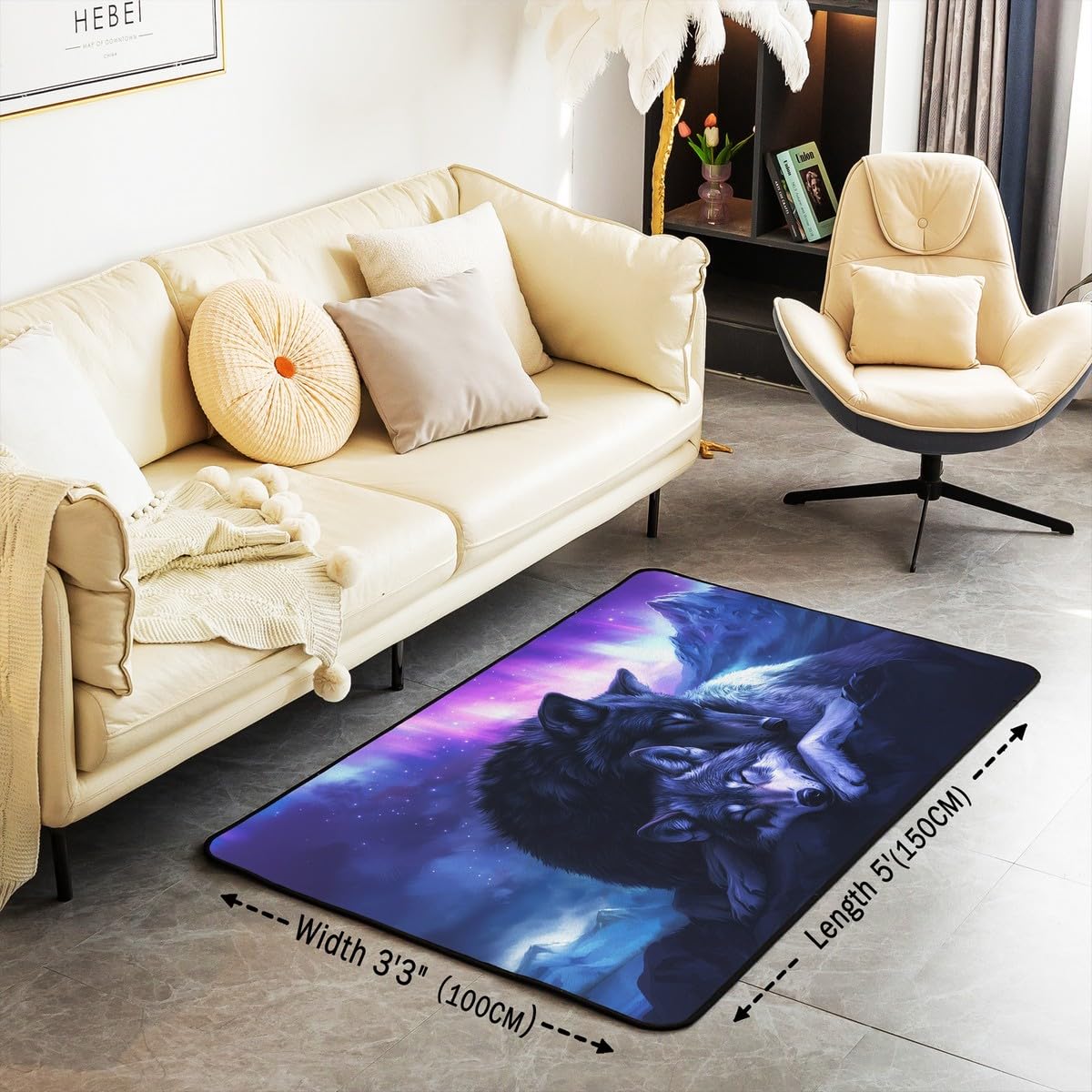 Castle Fairy Wolf Animal Area Rug 5x7 Sleeping Wildlife Wolves Decorative Rug for Kids Teens Adults Ombre Purple Aurora Rugs for Living Room Bedroom Western Rustic Decorative Rug