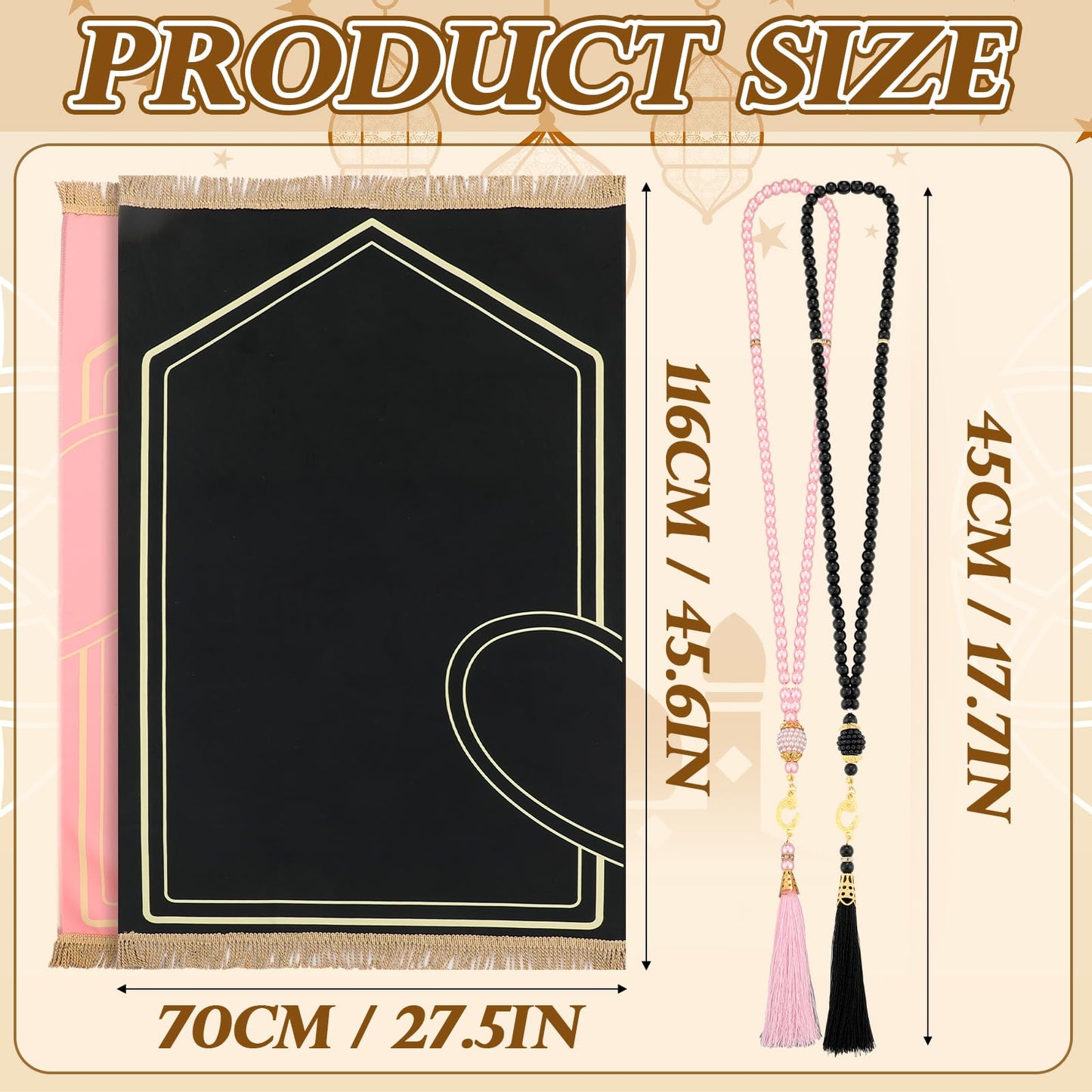 Drydiet 2 Pcs Muslim Couple Prayer Rug Set Heart Design with 2 Pcs Prayer Beads Islamic Muslim Gift Black and Pink Travel Mat Soft Velvet Mat for Couple Women Men Ramadan Eid Wedding Birthday