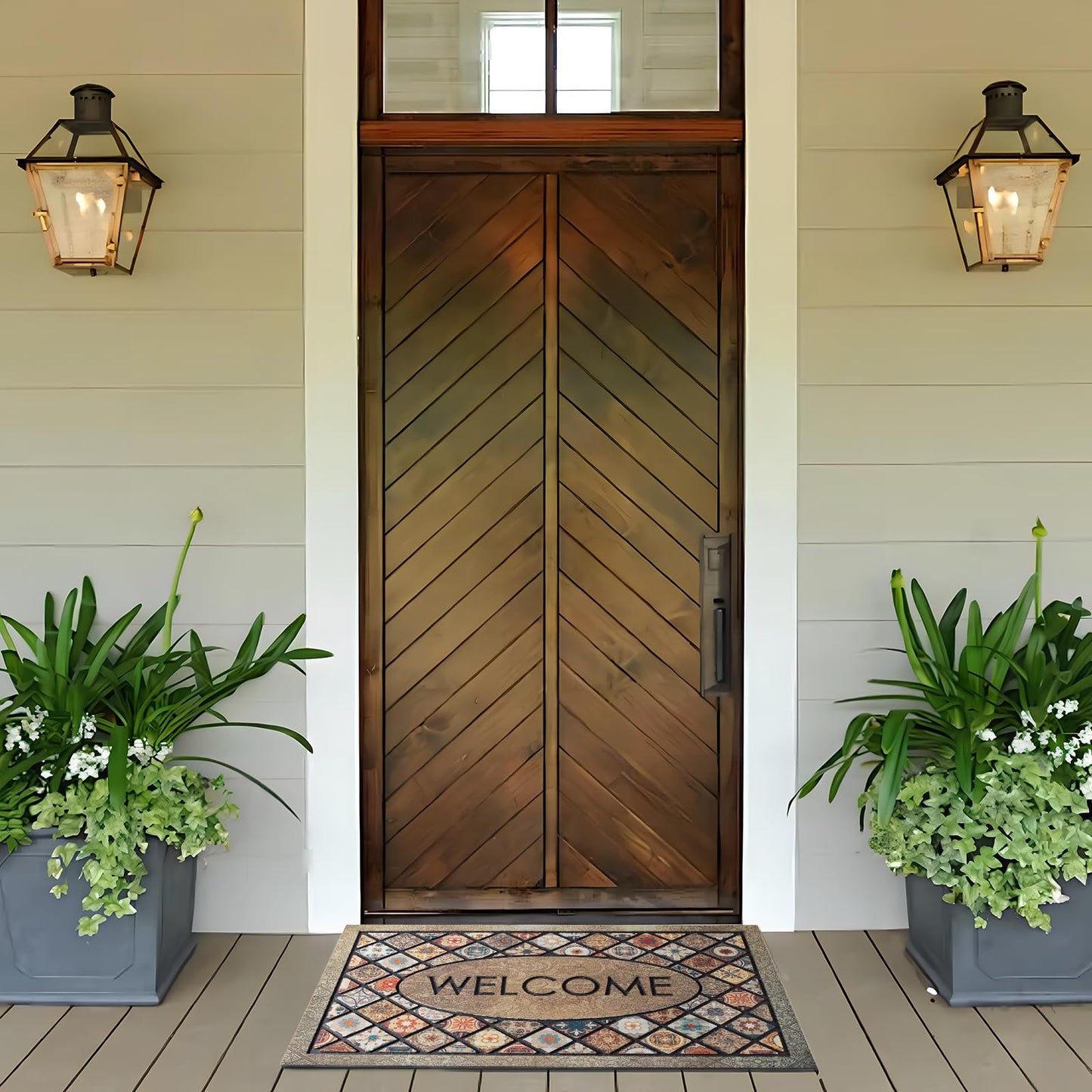 DWKKX Durable Welcome Door Mats 24”x36” Large Front Door Mat Heavy Duty Outdoor Mat for Home Entrance Non-Slip Rubber Outside Door Mat Entryway Floor Mats，Flower