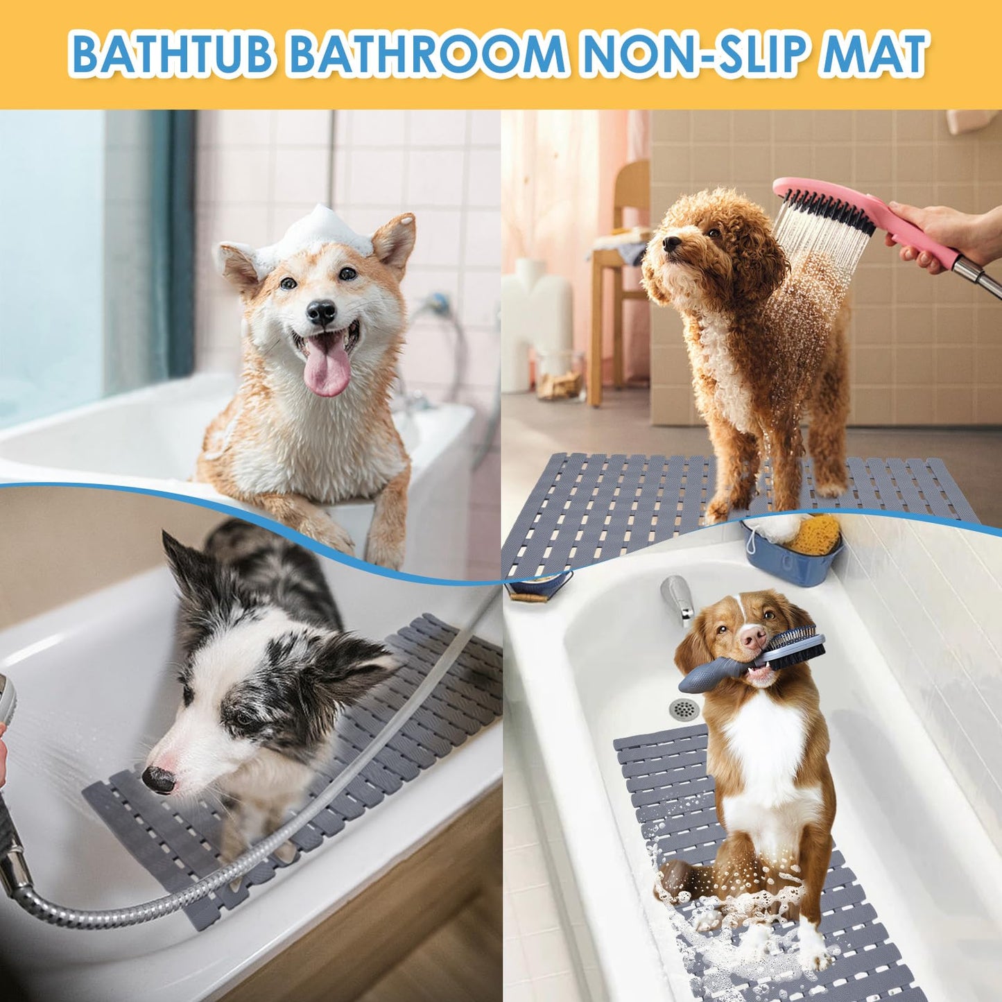 Wiojtry Bathtub Shower Mat, Pet Dog Bathing Non-Slip Mat, Dog Bath mat for tub, Quick Drain Bathtub Mat with Suction Cups & Drain Holes for Bathroom, 27.1x15.7 Inch